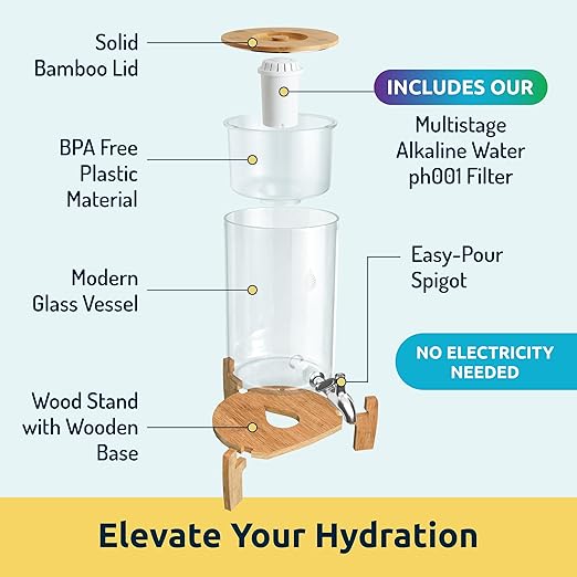 Invigorated Water pH Recharge Glass Alkaline Water Dispenser Filter System - Countertop Purifier Pitcher for Home and Office - High pH Pure Drinking Water Filtration - 36 Cups (Bamboo Classic Set)