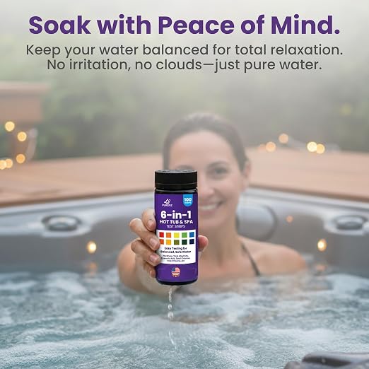 Hot Tub & Spa Test Strips 6-in-1 (100-Pack) - Accurately Monitors pH, Free/Total Chlorine, Alkalinity, Hardness, and Cyanuric Acid - Perfect for Chlorine-Based Spas and Jacuzzis (Not for Bromine)