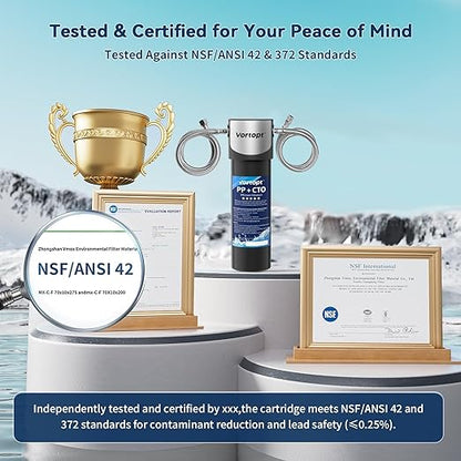 Vortopt Q1 10000 Gallon Water Filter,Reduces Chlorine,Lead,Bad Taste & Odor,Undersink Water Filter Systems Direct Connect to Kitchen Faucets,NSF/ANSI 372/42 Certified,1 Year.
