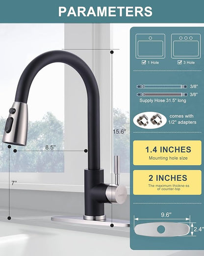 WOWOW Kitchen Faucets for Sink 1 or 3 Hole, High Arc Stainless Steel Kitchen Sink Faucet with Sprayer, Brushed Nickel and Black Faucet for Kitchen RV Laundry Sinks