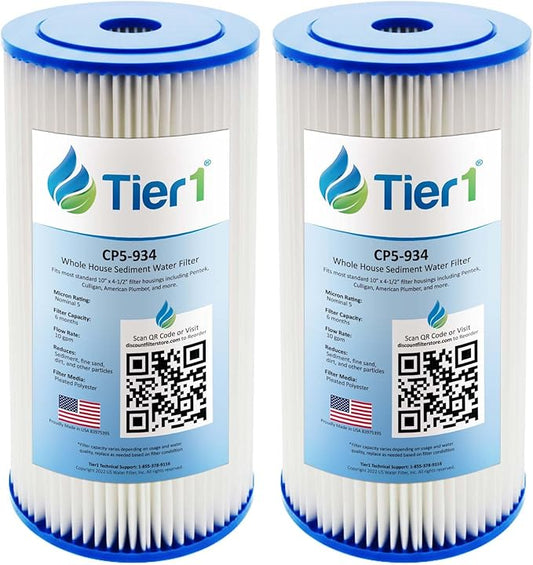 Tier1 5 Micron 10 x 4.5 Water Filter | Pleated Polyester Whole House Sediment Filter Cartridge | Replacement for Pentek CP5-BB, Culligan CP5-BBS-D, CP5-934, W5CPHD | 4.5 x 10 Water Filter (2-Pack)