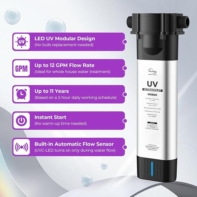 iSpring UVF20 Whole House LED UV Water Filter System, Up to 11 Years Long-Life LED UV Water Purifier with Built-in Automatic Flow Control, Mercury-Free, 3/4" MNTP Inlet Outlet, Up to 12 GPM