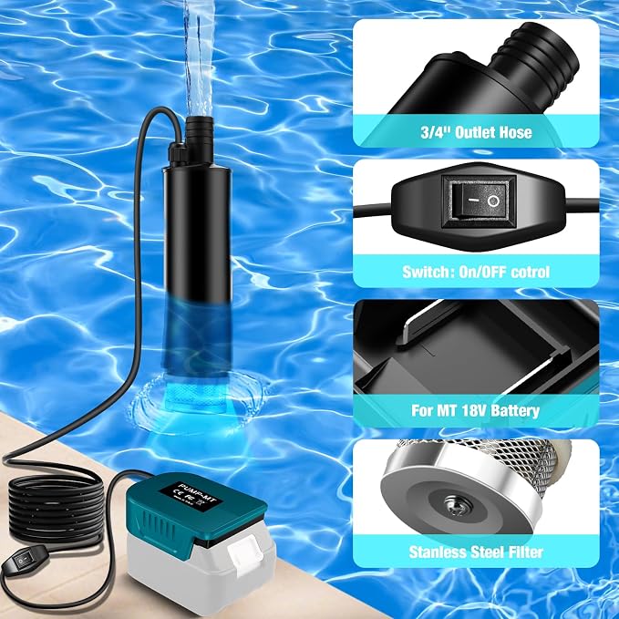Portable for Makita 18V Water Pump, 500GPH/635GPH Cordless Submersible Pump with Filter, for Garden/Tank/Pool/Deep Well Draining (Tool Only)