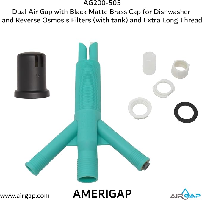 Dual Air Gap with Black Matte Brass Cap for Dishwasher and Reverse Osmosis Filters (with tank) and Extra Long Thread (AG200-505, AG200-X05, AMERIGAP)