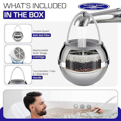 Crystal Quest Bath Ball Filter for Tub Faucet, Bathtub Water Filter, BPA-Free Bathtub Filter, Removes Chlorine, Lead & Impurities, Improves Skin, Hair & Nails, Long Lasting, Fits Most Tubs - Chrome