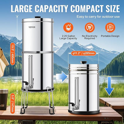 VEVOR Gravity-fed Water Filter System, 2.25G 304 Stainless-Steel Countertop System, Water Filtration System, Reduces Lead and up to 99% of Chlorine, with 2 Carbon Filters, Water Level Spigot, Stand