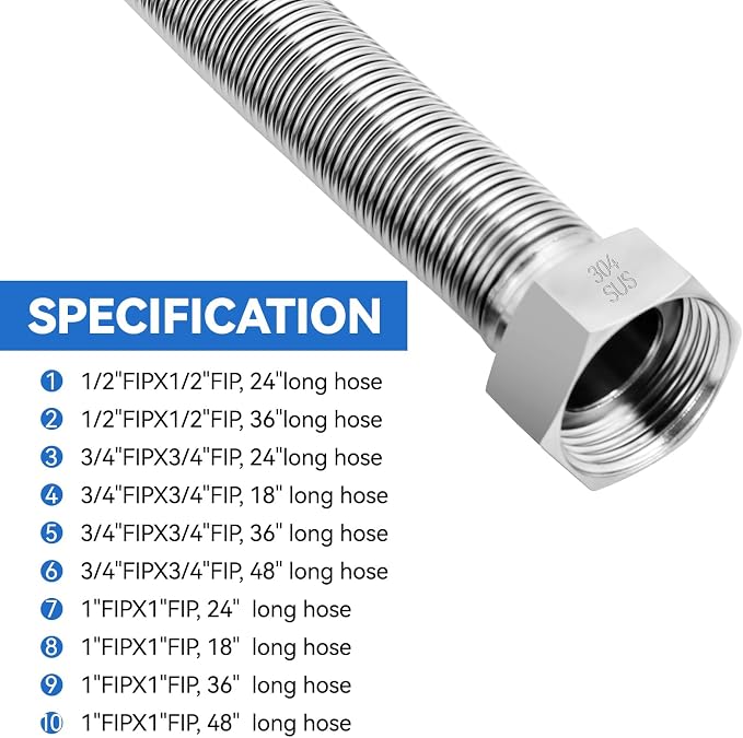 24 Inch Flexible Stainless Steel Corrugated Water Heater Connector Hose,1" FIP x 1" FIP,304 Stainless Steel Leak-Proof Flexible Line for Tankless Water Heater,Water Softener,RV, Boiler(2PCS)