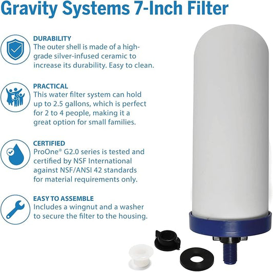 ProOne G-Series 7-Inch Gravity Filter Replacement 2-Pack - Universally Compatible with Gravity Water Filtration Systems - NSF/ANSI Certified to Reduce Lead, Microplastics, & Total PFAS (2-Pack)
