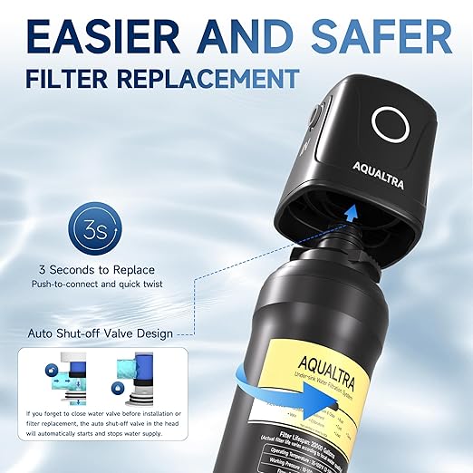 AQUALTRA USF01-BK Under Sink Water Filter System, 12K Gal, NSF/ANSI 372/CAN Certified, Reduces PFOA, PFOS, Chlorine, Lead, Mercury, Chloramine, Fluoride, Microplastics Particles, Bad Taste & Odor