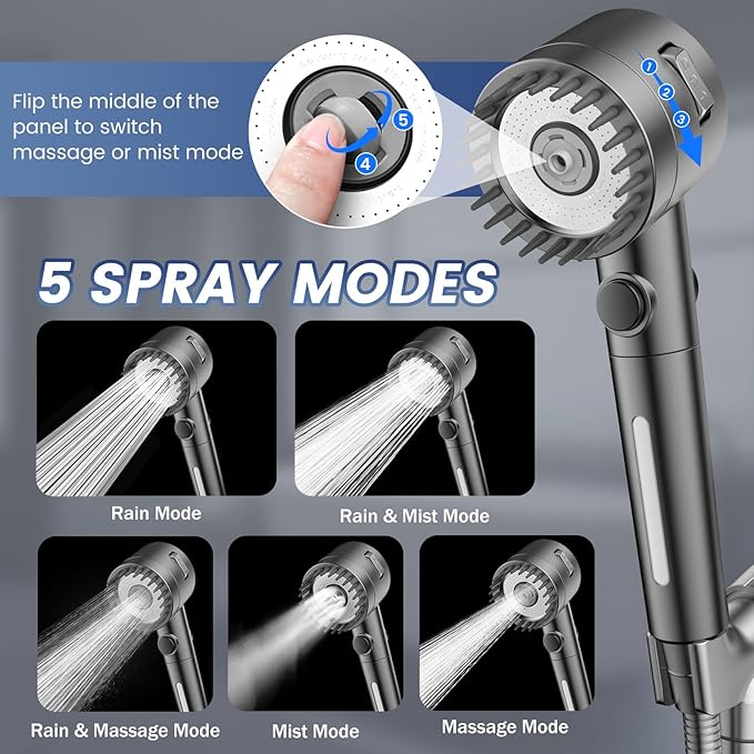 Filtered Shower Head with Handheld, High Pressure 5-Spray Shower Head with Filters for Hard Water, ON/OFF Switch Showerhead for Pets Bath, Shower Heads Filter - Remove Chlorine, Improve Skin and Hair