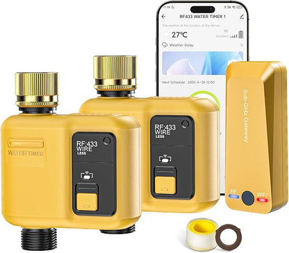 WiFi Water Timer 1 Zone for Garden Hose, 2 Pc Smart Sprinkler Timer with 984ft RF Range, Smart Lawn Watering System Irrigation Controller, APP/Voice Control, Rain Delay, Automatic/Manual Irrigation