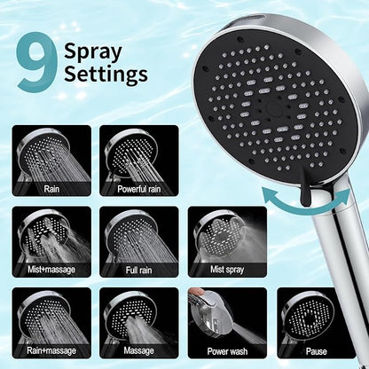 SR SUN RISE NSF Certified Filtered Shower Head with Handheld for Hard Water to Remove Chlorine High Pressure 9-Spray Setting (with Power Wash) Anti-Clog Nozzles (1 Filter, Chrome Silver)