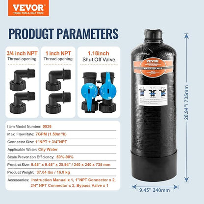 VEVOR Whole House Salt Free Descaler, Water Filter for City Water, 600,000 Gallon Whole House Water Descaler for All Kinds of Plumbing Pipes, 1" NPT & 3/4" NPT, for 2-3 Person Family