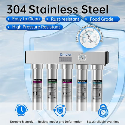 Ontulor S2OP-U1 Ultra Filtration Under Sink Water Filter System - 0.01 Micron Stainless Steel Tankless Filtration System w/Pressure Gauge & Filter Life Indicator, Reduces Chlorine, Taste and Odor
