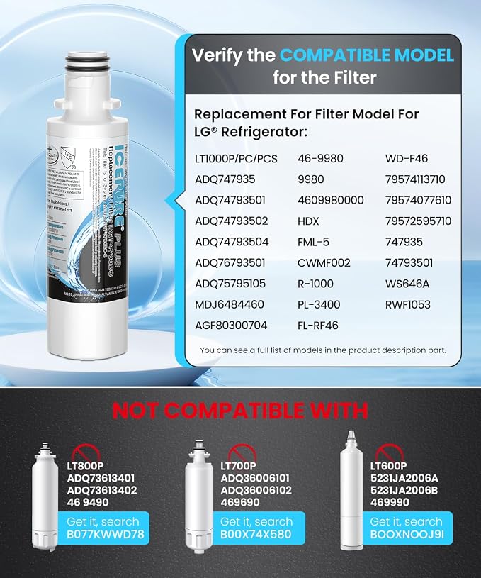 ICEPURE PLUS ADQ747935 LT1000PC NSF/ANSI 53&42 Certified Refrigerator Water Filter, Remove Lead, Replacement for LG LT1000P/PC/PCS, LMXS28626S,MDJ64844601,ADQ74793501,9980 and LT120F Air Filter 3Combo