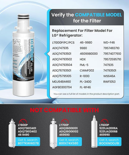 ICEPURE PLUS ADQ747935 LT1000PC NSF/ANSI 53&42 Certified Refrigerator Water Filter, Remove Lead, Replacement for LG LT1000P/PC/PCS, LMXS28626S,MDJ64844601,ADQ74793501,9980 and LT120F Air Filter 3Combo