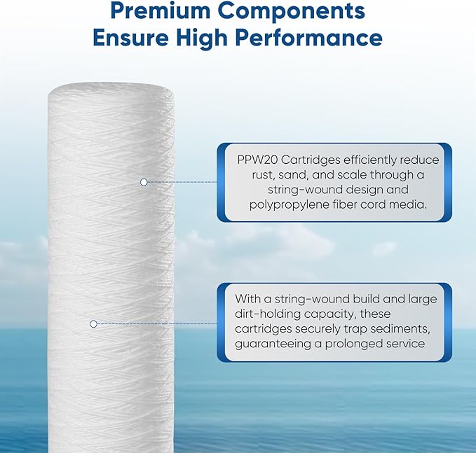PUREPLUS 5 Micron 2.5" x 20" Whole House String Wound Sediment Filter for Well Water, Replacement Cartridge for Aqua Pure AP110-2C, Pentek P1-20/SP-P1-20/PX01-20, WPP-F20-5, 6Pack