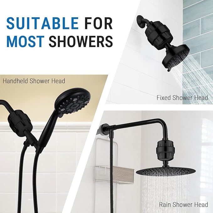 G-Promise 16 Stage Shower Filter For Hard Water, Reduces Chlorine and Fluoride, Improves Dry Skin, Universal With G1/2" Threads Design, Comes With a Replacement Cartridge (matte black)