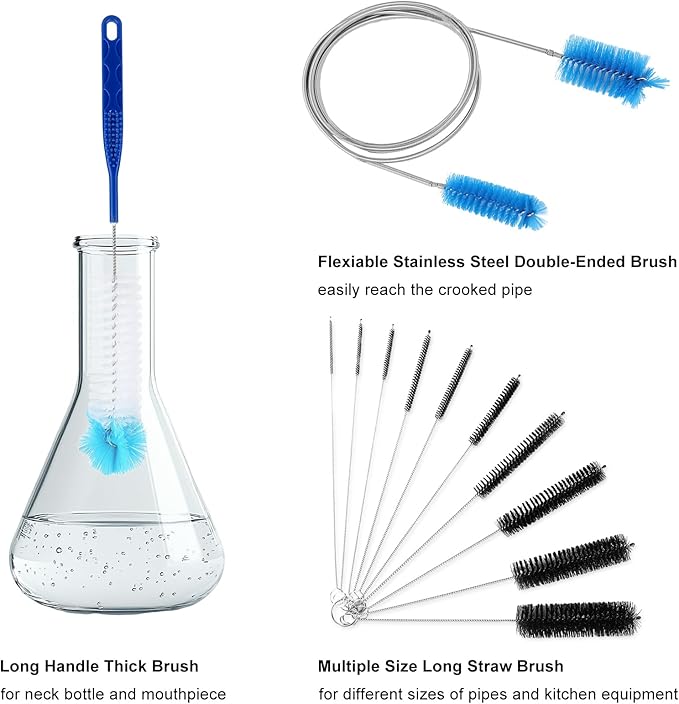12pcs Glass Tube Pipe Cleaners Brush Kit, 14.5 inch Long Nylon Straw Brush for Glass Funnel and Bottle, 8.2 inch Different Diameters Brush, 35 inch Flexible Double Ended Hose Brush