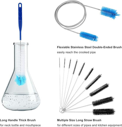 12pcs Glass Tube Pipe Cleaners Brush Kit, 14.5 inch Long Nylon Straw Brush for Glass Funnel and Bottle, 8.2 inch Different Diameters Brush, 35 inch Flexible Double Ended Hose Brush