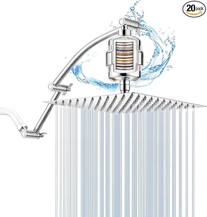 Shower Head with Filters, Stainless Steel Rain Filtered Shower Head, High Pressure Shower Head with 16" Shower Extension Arm - 20 Stage Shower Filter for Hard Water - 12" Silver