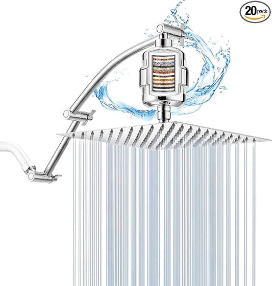 Shower Head with Filters, Stainless Steel Rain Filtered Shower Head, High Pressure Shower Head with 16" Shower Extension Arm - 20 Stage Shower Filter for Hard Water - 8" Silver