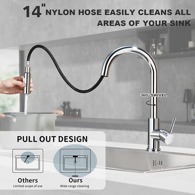 Tohlar Chrome Kitchen Faucets with Pull Down Sprayer, Single Handle Kitchen Sink Faucet Modern Staninless Steel Kitchen Faucet with Deck Plate