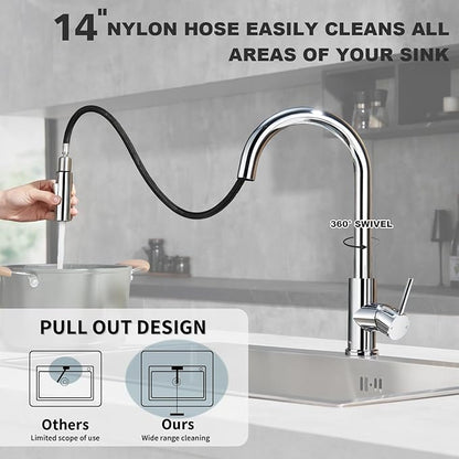 Tohlar Chrome Kitchen Faucets with Pull Down Sprayer, Single Handle Kitchen Sink Faucet Modern Staninless Steel Kitchen Faucet with Deck Plate