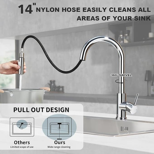 Tohlar Chrome Kitchen Faucets with Pull Down Sprayer, Single Handle Kitchen Sink Faucet Modern Staninless Steel Kitchen Faucet with Deck Plate
