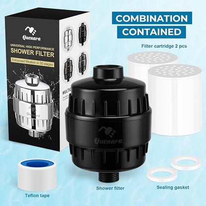 20-Stage Shower Filter, High Output Shower Head Filter for Hard Water with 2 Cartridges, Water Softener Reduces Dry Skin, Dandruff, Eczema and Improves Skin, Hair and Nails, Black