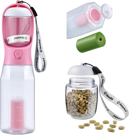 Cibaabo Dog Water Bottle with Food Container & Poop Bag Holder & Filter | Travel Water Bowl, Portable Pet Dispenser, Girl Dog Accessories Gift for Walking Hiking
