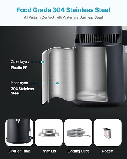VEVOR Water Distiller, 6L / 1.6 Gallon Countertop Water Distiller for Home, 900W Distilled Water Maker with BPA-Free Plastic Container, 304 Stainless Steel Interior, Distilling for Drinking Water