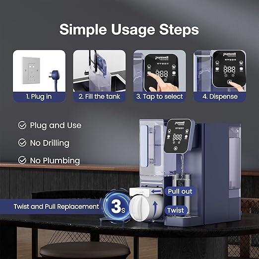 Purewell 4-Stage Purification Countertop Reverse Osmosis Water Filter System with Alkaline Filter and Portable Water Pitcher, 3.5:1 Pure to Drain, pH 8-9, No Installation Required (C01)
