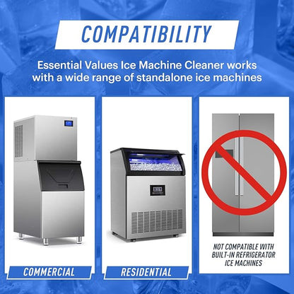 Essential Values 2-Pack Ice Machine Cleaner and Descaler 16 fl oz, Nickel Safe Descaler - Ice Maker Cleaner Compatible with All Major Brands (Scotsman, KitchenAid) - Manufactured in USA
