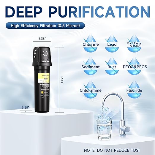 AQUALTRA USF01-BK Under Sink Water Filter System, 12K Gal, NSF/ANSI 372/CAN Certified, Reduces PFOA, PFOS, Chlorine, Lead, Mercury, Chloramine, Fluoride, Microplastics Particles, Bad Taste & Odor