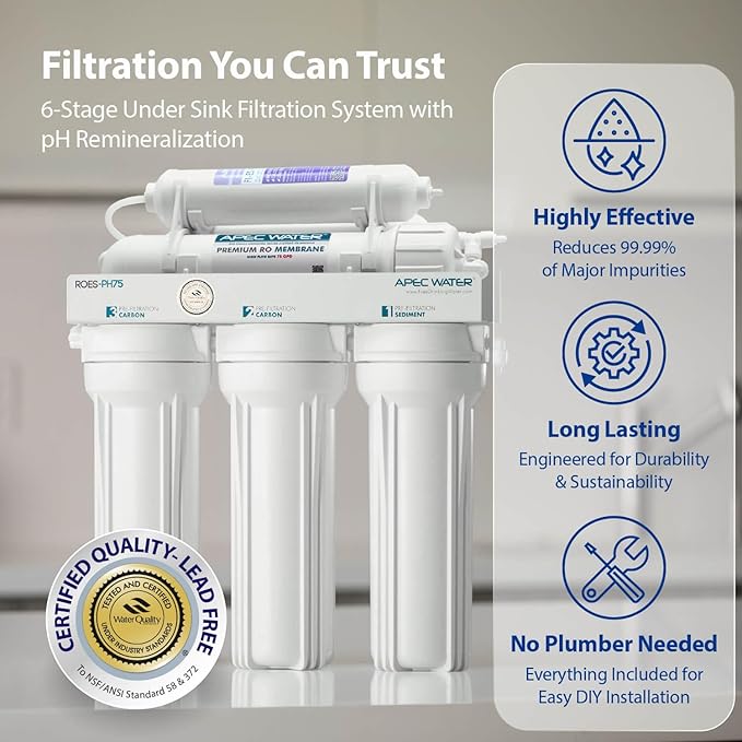 APEC Water Systems ROES-PH75 Essence Series Top Tier Alkaline Mineral pH+ 75 GPD 6-Stage Certified Ultra Safe Reverse Osmosis Drinking Water Filter System