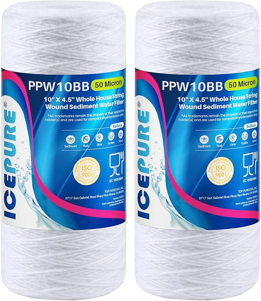 ICEPURE 50 Micron 10”*4.5'' Whole House Sediment String Wound Water Filter Replacement filter for 84637, WPX5BB97P, PC10, 355214-45, 355215-45, WP10BB97P, WP5BB97P, 2 PACK