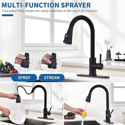 HOMELODY LED Temperature Display Black Kitchen Faucet with Pull Down Sprayer - Matte Black Single Handle Kitchen Sink Faucet, High Arc 304 Stainless Steel Design for RV Laundry Farmhouse Bar