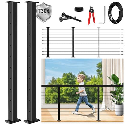36" Modular 2-8FT Black T304 Cable Railing Post Kit, Complete Cable Railing System with 2 Level Posts & 98ft 1/8" Wire Rope(No Handrail), Adjustable Length Easy DIY for Decks/Porch