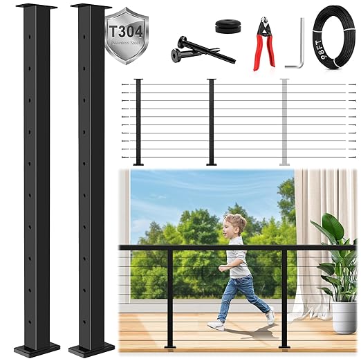36" Modular 2-8FT Black T304 Cable Railing Post Kit, Complete Cable Railing System with 2 Level Posts & 98ft 1/8" Wire Rope(No Handrail), Adjustable Length Easy DIY for Decks/Porch