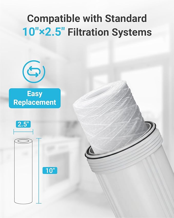 AQUA CREST 5 Micron 10"x2.5" String Wound Sediment Water Filter Cartridge for Well Water, Universal Replacement for Any 10 inch RO Unit, WP-5, Aqua-Pure AP110, CFS110, Culligan P5, WFPFC4002, 6Pack