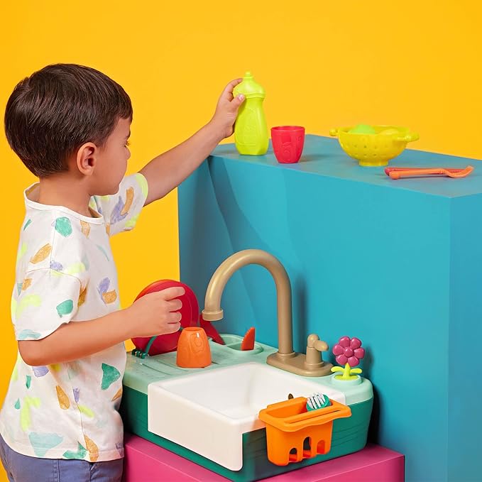 B. toys – Sink Play Set – Toy Kitchen Sink – Faucet & Running Water, Dishes, Play Food – Pretend Play Set for Kids – 3+ Years– Splash-n-Scrub Sink