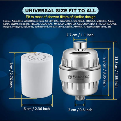 Pack of 2 FREZZEL Shower Filter Replacement Cartridges | Universal 17 Stage Shower Head Filter Refill for Showerhead Filter of Similar Design Hard Water Filter for Shower with Vitamin C Blocks Toxins