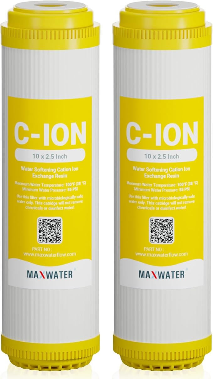 Max Water 10" x 2.5" Cation Resin Water Softener Cartridge, Compatible with AF-10-3003, WS-10, UDF-10C100E, 155319-43 & All 10 Inch Standard Whole House Water Filter Systems (2 Pack)