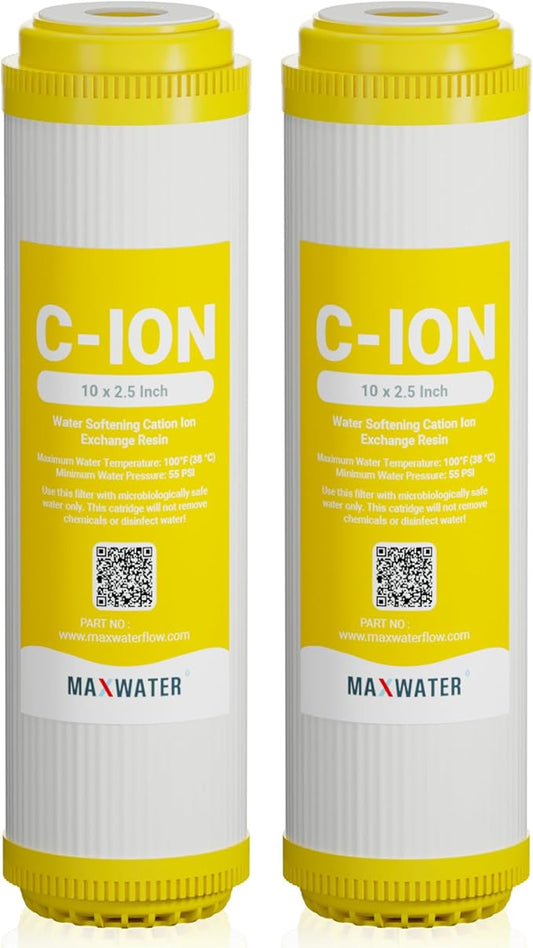 Max Water 10" x 2.5" Cation Resin Water Softener Cartridge, Compatible with AF-10-3003, WS-10, UDF-10C100E, 155319-43 & All 10 Inch Standard Whole House Water Filter Systems (2 Pack)