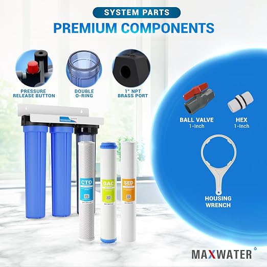Max Water 3 Stage 20 x 2.5 Whole House Water Filtration System (Sediment, Organic Compounds, Taste & Odor) - 5 Micron PP Sediment, GAC Carbon, CTO Water Filters for Cottage Water - 3/4" Inlet/Outlet
