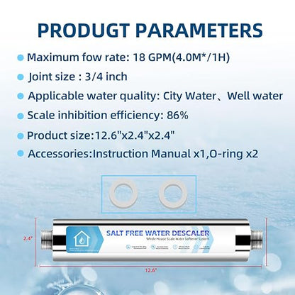 Salt-Free Water Descaler Whole House, Scale Water Softener System, ¾-Inch NPT Water Heater Descaler, Prevent Scale Built Up On Water Heaters, Smart Toilet & Boilers, Reduces Limescale