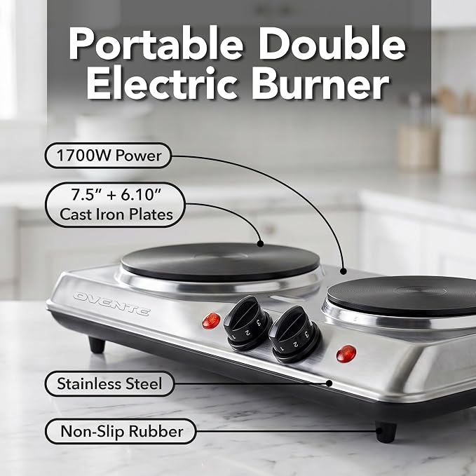 OVENTE Electric Cast Iron Double Burner, 1700W Hot Plate, Silver BGS102S | 7.25" & 6.10" Portable Countertop Cooktop, Stainless Steel, 5 Level Temperature Control, Indicator Light, Easy-to-Clean