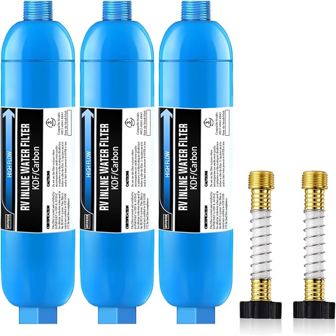 Lifefilter 3 Pack RV/Marine Water Filter with 2 Flexible Hose Protectors | Reduces Chlorine, Bad Taste, Odor in Drinking Water, Dedicated for RVs Campers Marines