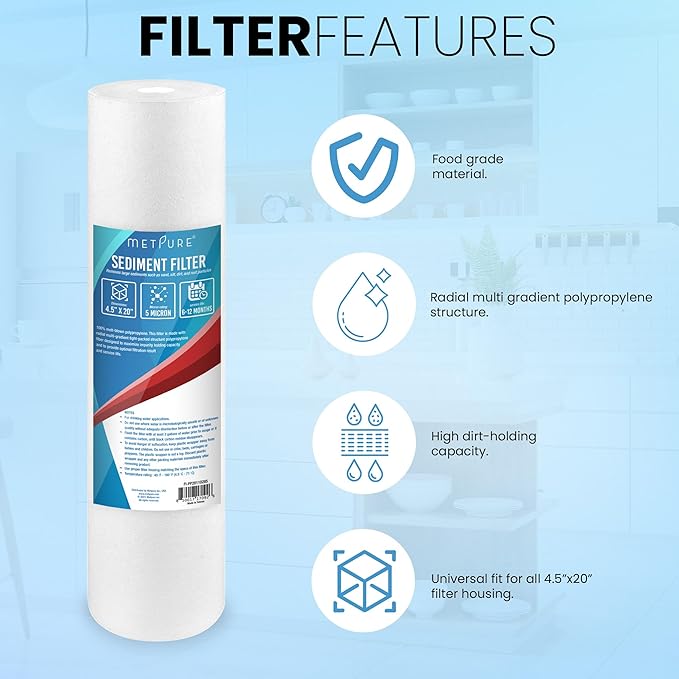 Metpure 20" x 4.5" Whole House Sediment Water Filter Cartridge - 5 Micron Melt-Blown Polypropylene 20-inch Water Filter Replacement. Compatible with Hydronix, Pentek DGD Series, and more. 2 Pack